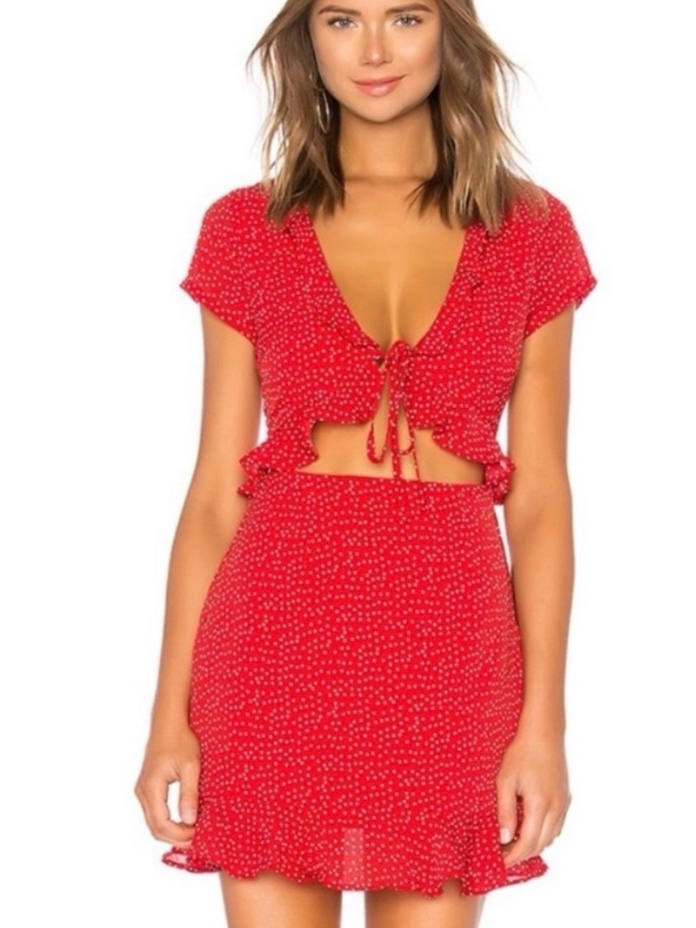 Revolve Superdown sz M Red Polka Dot Tie-Front Cutout Mini Dress